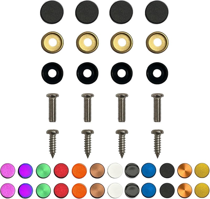 NAROWAN Color: Black - License Plate Screws - Stainless Steel, Set of 4 Fasteners - for Front or Rear License Plates, Frames or Covers on Car, Truck, SUVs - Rustproof, Self Tapping and M6 Screws Aluminum caps - Image 1